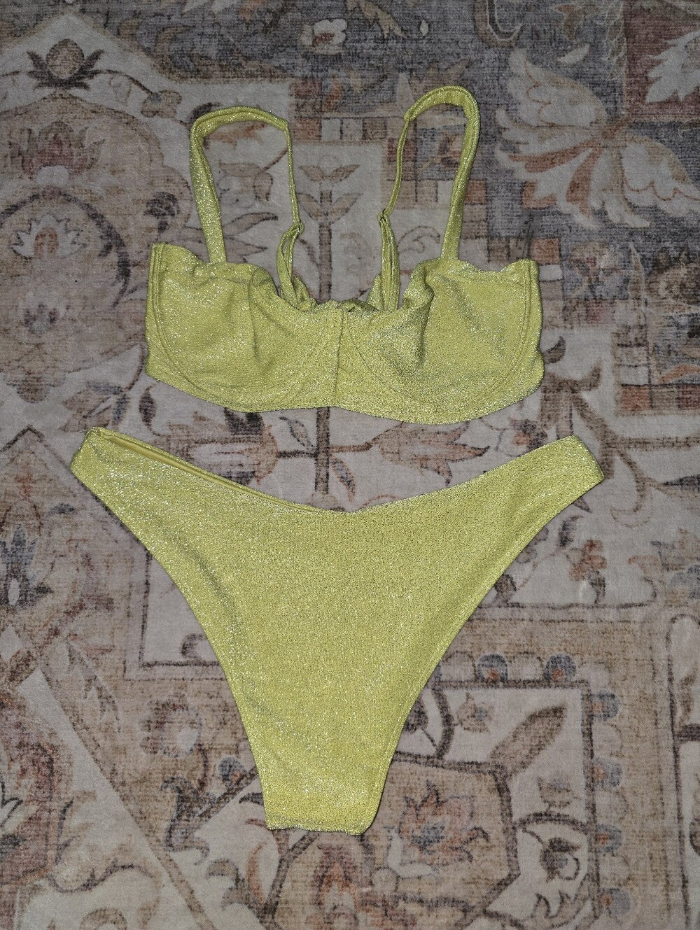 Shimmery Yellow Bandeau Swim Top and High-Waist Bottom Set